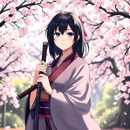 anime woman in her midlife with dark hair, wearing an elegant kimono, holding a katana with a confident stance, standing in a tranquil Japanese garden surrounded by cherry blossom trees