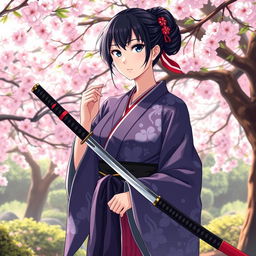 anime woman in her midlife with dark hair, wearing an elegant kimono, holding a katana with a confident stance, standing in a tranquil Japanese garden surrounded by cherry blossom trees