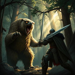 An intense scene depicting an owlbear engaged in combat with a brave warrior in a dense forest setting