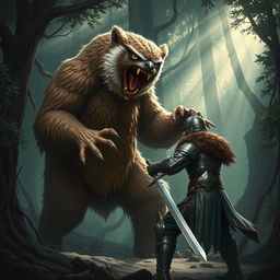 An intense scene depicting an owlbear engaged in combat with a brave warrior in a dense forest setting