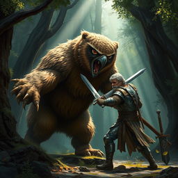 An intense scene depicting an owlbear engaged in combat with a brave warrior in a dense forest setting