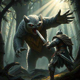 An intense scene depicting an owlbear engaged in combat with a brave warrior in a dense forest setting