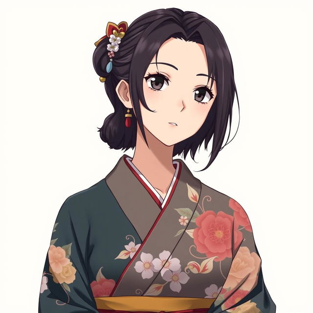 anime woman in her midlife with dark hair, wearing a beautifully detailed kimono, set against a simple and elegant background ideal for an avatar