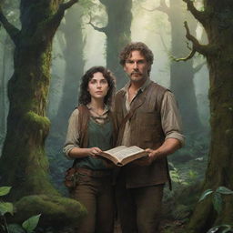 Fantasy illustration of Eldoria, a dense forest riddled with ancient relics. Centre frame is Lila, an adept linguist, holding an aged book and Captain Steele, an adventurer, both peering at a hidden city hinted through lush trees.