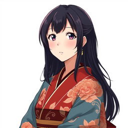 anime woman in her midlife with dark hair, wearing a beautifully detailed kimono, set against a simple and elegant background ideal for an avatar