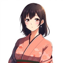 anime woman in her midlife with dark hair, wearing a beautifully detailed kimono, set against a simple and elegant background ideal for an avatar