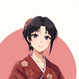 anime woman in her midlife with dark hair, wearing a beautifully detailed kimono, set against a simple and elegant background ideal for an avatar