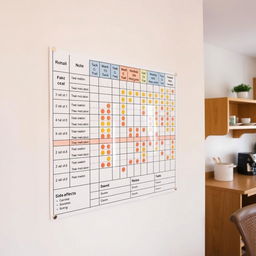 A detailed view of a medication monitoring chart or graph on a wall, with colors and codes indicating if medications have been taken