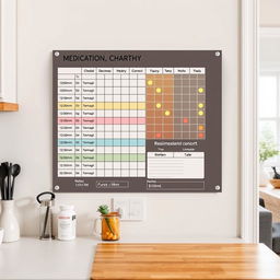 A detailed view of a medication monitoring chart or graph on a wall, with colors and codes indicating if medications have been taken