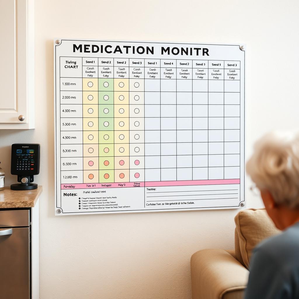 A detailed view of a medication monitoring chart or graph on a wall, with colors and codes indicating if medications have been taken