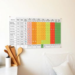 A detailed view of a medication monitoring chart or graph on a wall, with colors and codes indicating if medications have been taken