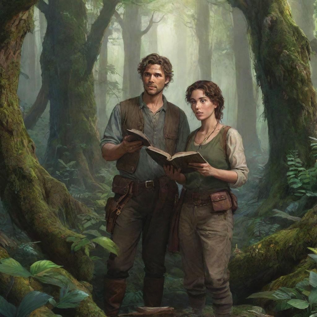 Fantasy illustration of Eldoria, a dense forest riddled with ancient relics. Centre frame is Lila, an adept linguist, holding an aged book and Captain Steele, an adventurer, both peering at a hidden city hinted through lush trees.