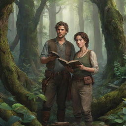 Fantasy illustration of Eldoria, a dense forest riddled with ancient relics. Centre frame is Lila, an adept linguist, holding an aged book and Captain Steele, an adventurer, both peering at a hidden city hinted through lush trees.