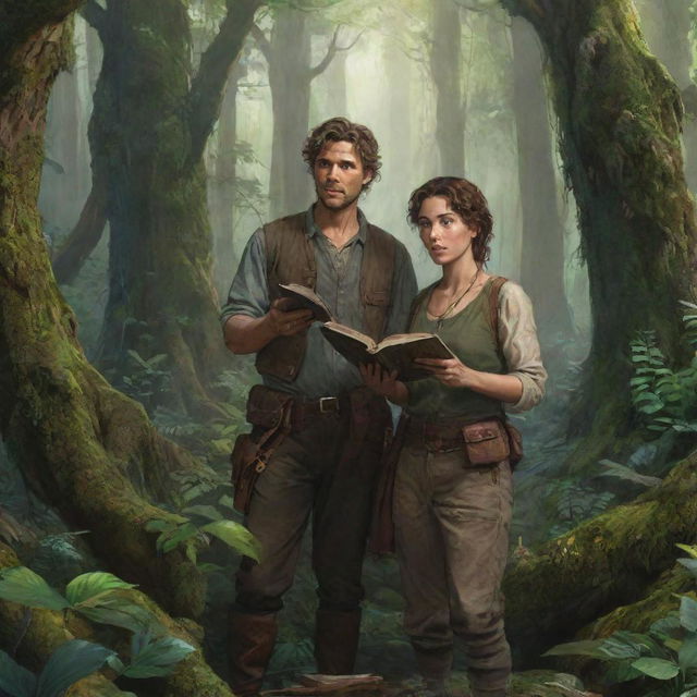 Fantasy illustration of Eldoria, a dense forest riddled with ancient relics. Centre frame is Lila, an adept linguist, holding an aged book and Captain Steele, an adventurer, both peering at a hidden city hinted through lush trees.