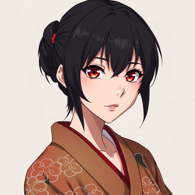 anime woman in her midlife with black hair, wearing a vibrant kimono