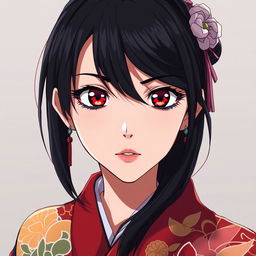 anime woman in her midlife with black hair, wearing a vibrant kimono