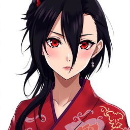 anime woman in her midlife with black hair, wearing a vibrant kimono