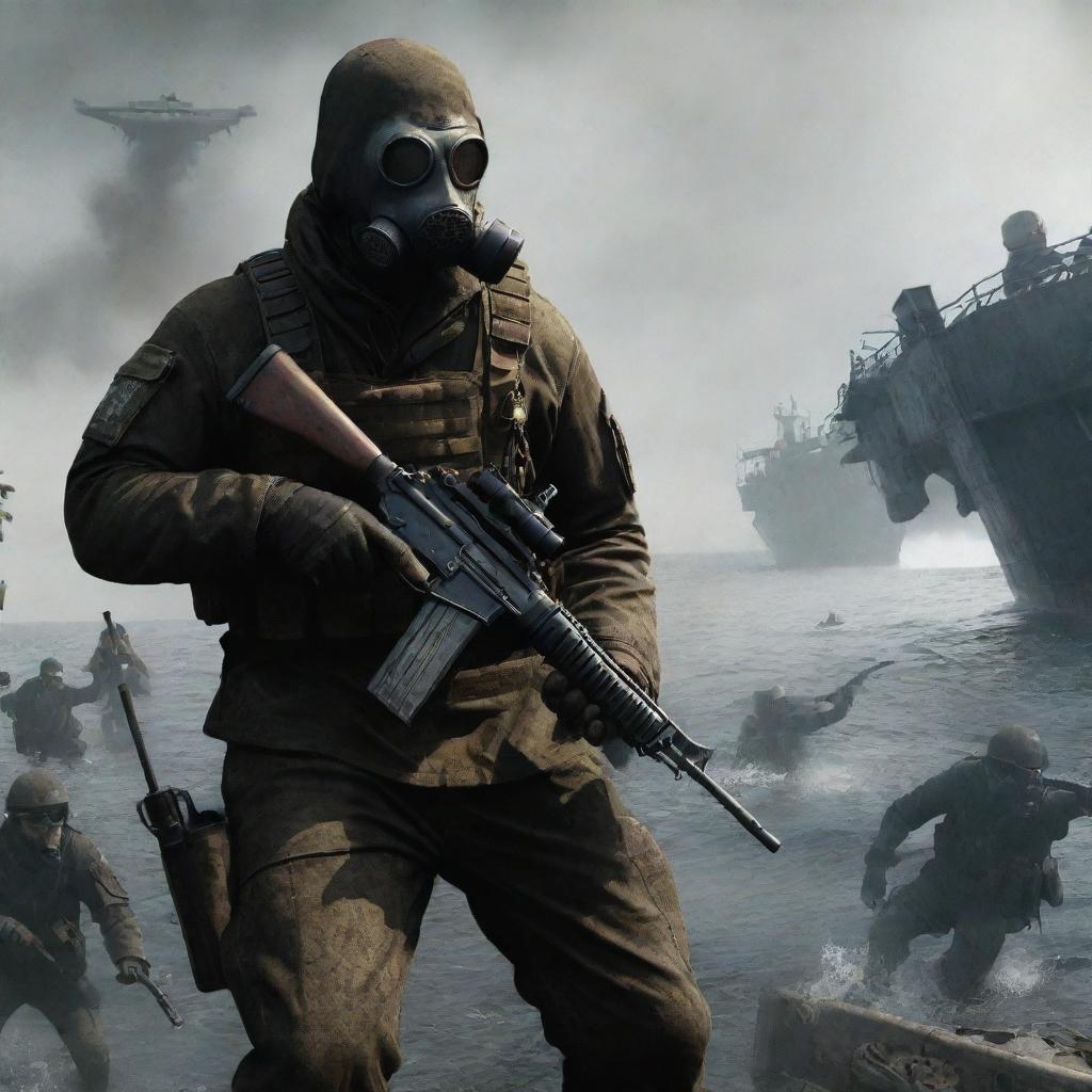 A battle scene featuring a S.T.A.L.K.E.R character, armed with an AK-74, wearing Stalker suit with kevlar body armor and a gas mask, engaged in intense combat with One Piece marines on a bustling pirate ship.