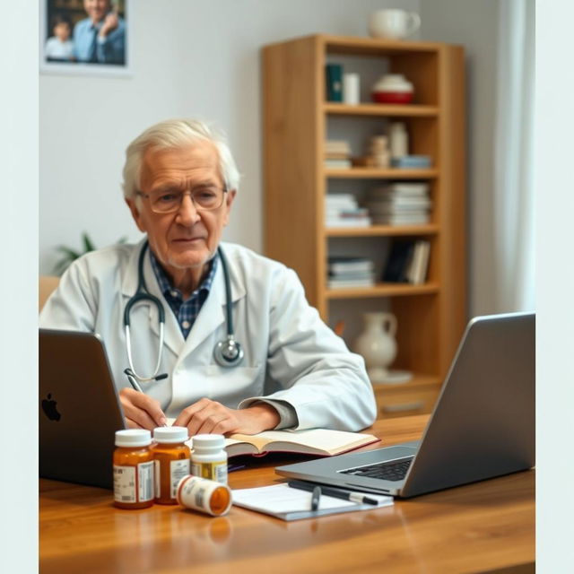 An elderly adult having a video call with a doctor or pharmacist, reviewing medications and their side effects