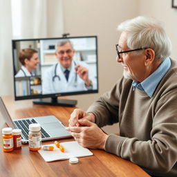 An elderly adult having a video call with a doctor or pharmacist, reviewing medications and their side effects