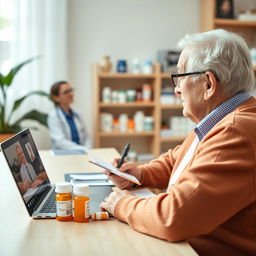 An elderly adult having a video call with a doctor or pharmacist, reviewing medications and their side effects