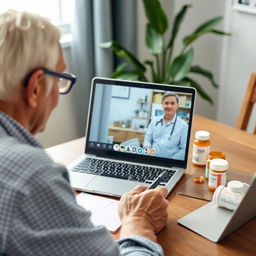 An elderly adult having a video call with a doctor or pharmacist, reviewing medications and their side effects