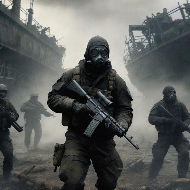 A battle scene featuring a S.T.A.L.K.E.R character, armed with an AK-74, wearing Stalker suit with kevlar body armor and a gas mask, engaged in intense combat with One Piece marines on a bustling pirate ship.