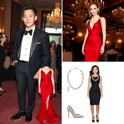 A collection of stylish and sophisticated outfit ideas for a modern person attending a business gala, including a sleek black tuxedo with a crisp white shirt, a slim black tie, polished leather shoes, a sophisticated red evening gown with elegant silver accessories, a chic little black dress paired with a classic pearl necklace and stiletto heels