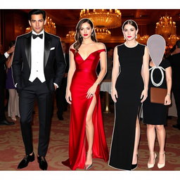 A collection of stylish and sophisticated outfit ideas for a modern person attending a business gala, including a sleek black tuxedo with a crisp white shirt, a slim black tie, polished leather shoes, a sophisticated red evening gown with elegant silver accessories, a chic little black dress paired with a classic pearl necklace and stiletto heels