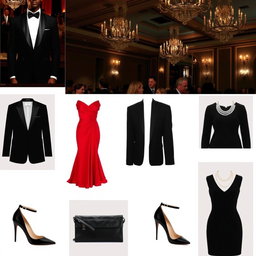A collection of stylish and sophisticated outfit ideas for a modern person attending a business gala, including a sleek black tuxedo with a crisp white shirt, a slim black tie, polished leather shoes, a sophisticated red evening gown with elegant silver accessories, a chic little black dress paired with a classic pearl necklace and stiletto heels
