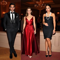 A collection of stylish and sophisticated outfit ideas for a modern person attending a business gala, including a sleek black tuxedo with a crisp white shirt, a slim black tie, polished leather shoes, a sophisticated red evening gown with elegant silver accessories, a chic little black dress paired with a classic pearl necklace and stiletto heels