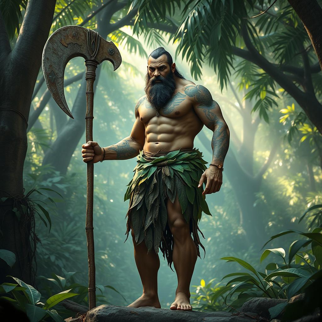 a strong male goliath wearing a leafy skirt, a tall and muscular figure, his body covered in tribal tattoos, holding a roughly-made halberd crafted from stone and wood, a confident and imposing stance, set against a backdrop of a dense jungle with filtered sunlight streaming through the canopy