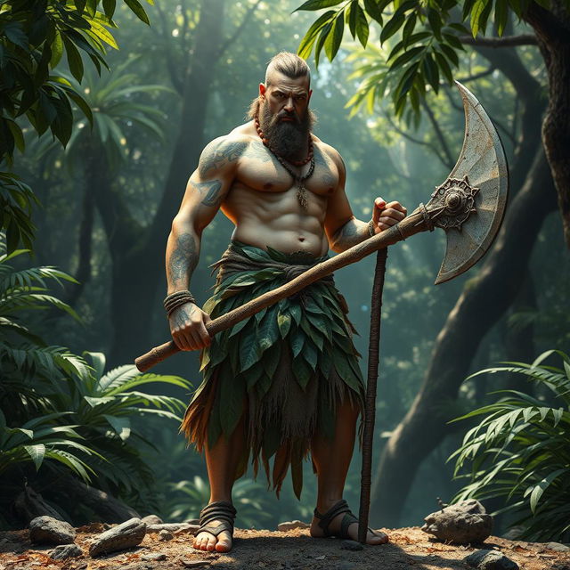 a strong male goliath wearing a leafy skirt, a tall and muscular figure, his body covered in tribal tattoos, holding a roughly-made halberd crafted from stone and wood, a confident and imposing stance, set against a backdrop of a dense jungle with filtered sunlight streaming through the canopy