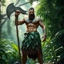 a strong male goliath wearing a leafy skirt, a tall and muscular figure, his body covered in tribal tattoos, holding a roughly-made halberd crafted from stone and wood, a confident and imposing stance, set against a backdrop of a dense jungle with filtered sunlight streaming through the canopy