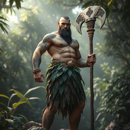 a strong male goliath wearing a leafy skirt, a tall and muscular figure, his body covered in tribal tattoos, holding a roughly-made halberd crafted from stone and wood, a confident and imposing stance, set against a backdrop of a dense jungle with filtered sunlight streaming through the canopy