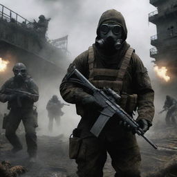 A battle scene featuring a S.T.A.L.K.E.R character, armed with an AK-74, wearing Stalker suit with kevlar body armor and a gas mask, engaged in intense combat with One Piece marines on a bustling pirate ship.