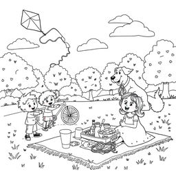 Black and white coloring book illustration of a vibrant park scene capturing the essence of playfulness and joy