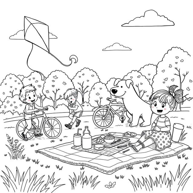 Black and white coloring book illustration of a vibrant park scene capturing the essence of playfulness and joy