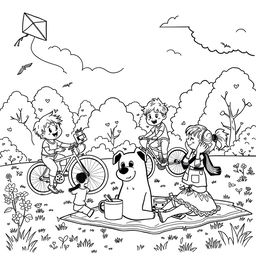 Black and white coloring book illustration of a vibrant park scene capturing the essence of playfulness and joy