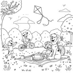 Black and white coloring book illustration of a vibrant park scene capturing the essence of playfulness and joy