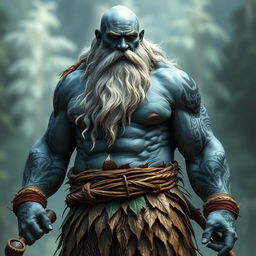 A strong male Goliath with blue-grey skin, adorned with intricate tribal tattoos