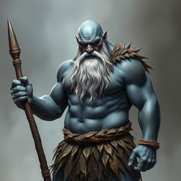 A strong male Goliath with blue-grey skin, adorned with intricate tribal tattoos