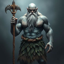 A strong male Goliath with blue-grey skin, adorned with intricate tribal tattoos