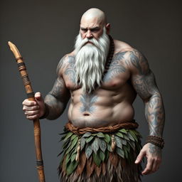 A strong male Goliath with greyish skin, covered in intricate tribal tattoos