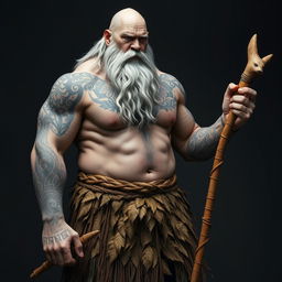 A strong male Goliath with greyish skin, covered in intricate tribal tattoos