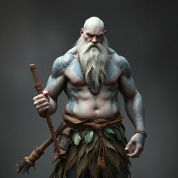 A strong male Goliath with greyish skin, covered in intricate tribal tattoos