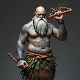 A strong male Goliath with greyish skin, covered in intricate tribal tattoos