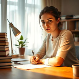 A young woman sitting at a desk, deeply focused, writing with a pen on paper