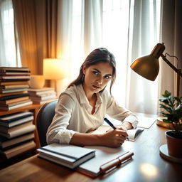 A young woman sitting at a desk, deeply focused, writing with a pen on paper