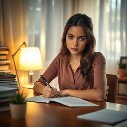 A young woman sitting at a desk, deeply focused, writing with a pen on paper